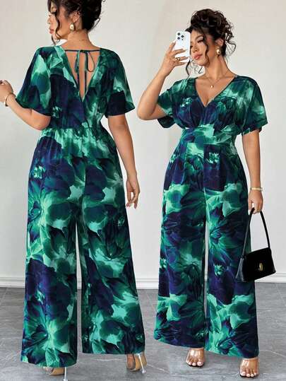 Elenzga Plus Size Women's Elegant Vacation Style V-Neck Waist Cinched Short Sleeve Tie-Dye Print Jumpsuit Wide Leg Pants, Suitable For Spring/Summer, Back To School, Graduation, Holidays, Valentine's Day, Music Festivals, Mother's Day, Halloween, Thanksgiving, Easter, National Day, Dances, Dates, Parties, Weddings, Outdoor Activities