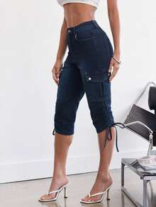 Denimoi Celana Capri Kargo Bertali, Celana Jeans Capri, Jeans Modis dan Seksi - Dark Wash - View 3