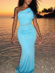 Slaydiva Nuevo vestido largo de gasa azul cielo, estilo bohemio y nómada, para primavera temprana, primavera y verano, festivales de música, San Valentín, Pascua, casual, sencillo y básico, fiesta de crucero, fiesta de cumpleaños, cita diaria, vacaciones casuales, elegante para ir al trabajo, hombros descubiertos, un solo hombro, hombros descubiertos, vestido largo estilizador, vestido de mujer extra largo - Azul menta - Ver 5