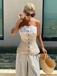 Livesso White Hollow Floral Lace Patchwork Fashionable Beige Camisole Crop Top, Sexy Music Festival, Valentine's Day, Casual Beach Golf Vacation, Fitted Waist - Beige - View 6