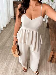 Weeklong Women's Elegant Camisole Top With Ruched Asymmetric Hem Paired With Minimalist Straight Leg Pants, Plus Size 2-Piece Set - Apricot - View 6