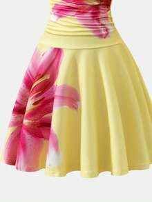 少女款柔软花朵荷叶边露肩修身迷你连衣裙，夏季热带度假夏威夷风情写真连衣裙，修身夏威夷连衣裙/太阳裙/夏日连衣裙/迷你裙/吊带裙/沙滩裙/度假连衣裙/黄色连衣裙 - 黃色 - 查看 8