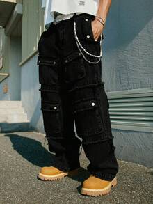 Manfinity EMRG Men Plus Size American Multi-Pocket Wide Leg Jeans With Chain Decor - Black - View 1