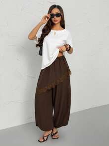 SHEIN PETITE Quần culottes hai mảnh màu nâu giả da kiểu dáng mùa xuân mới dành cho nữ, quần ống loe bất đối xứng viền ren, trang phục du lịch thời trang, quần thường ngày. Mùa hè. - màu nâu - Xem 6