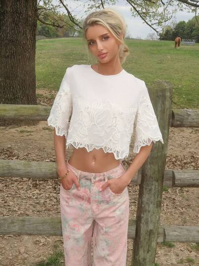 Sydney Algeri 全新复古重工刺绣透视圆领短袖短款上衣，夏季