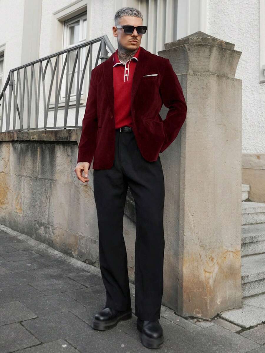 Artur Kramer 男士商务通勤单排扣西装外套 - 酒紅色 - 查看 1
