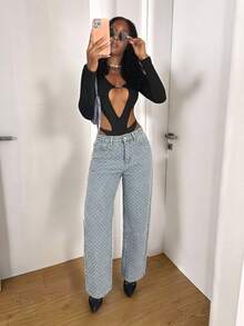 StreetHx Quần jeans ống rộng cạp thấp móc len phong cách đường phố thường ngày thời trang. - Rửa nhẹ - Xem 1