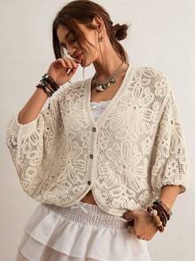 Freevana Cárdigan bohemio vintage de ganchillo hueco, de cuello en V marrón de 3/4 de manga, prenda exterior casual y suelta para primavera, elegante pieza de capa para primavera - Albaricoque - Ver 4