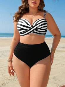 Swim Lushoire 加大码条纹印花带衬垫钢圈吊带背心式上衣搭配纯色高腰褶皱泳裤，女士时尚泳装套装，适合夏季海滩度假 - 黑與白 - 查看 1