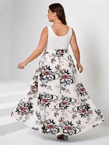 Mono de mujer talla con estampado tropical de plantas, sin mangas, con lazo en la cintura y sobrecapa, para vacaciones de verano en la playa - Blanco - Ver 2