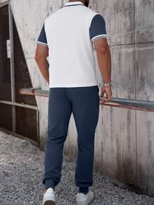 Manfinity Homme 男士撞色短袖Polo衫和口袋休闲裤套装，适合通勤和外出穿着 - 藏蓝色 - 查看 2