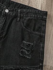 Manfinity Joysei Men's Vintage Fashionable Versatile Rivet Frayed Distressed Wide Leg Loose Casual Daily Denim Jeans - Black - View 4