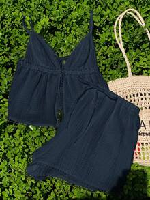 SHEIN PETITE CURVE Conjunto de 2 peças com Regata e Shorts em Cor Sólida, Casual, Plus Size - Azul Marinho - Visão 8