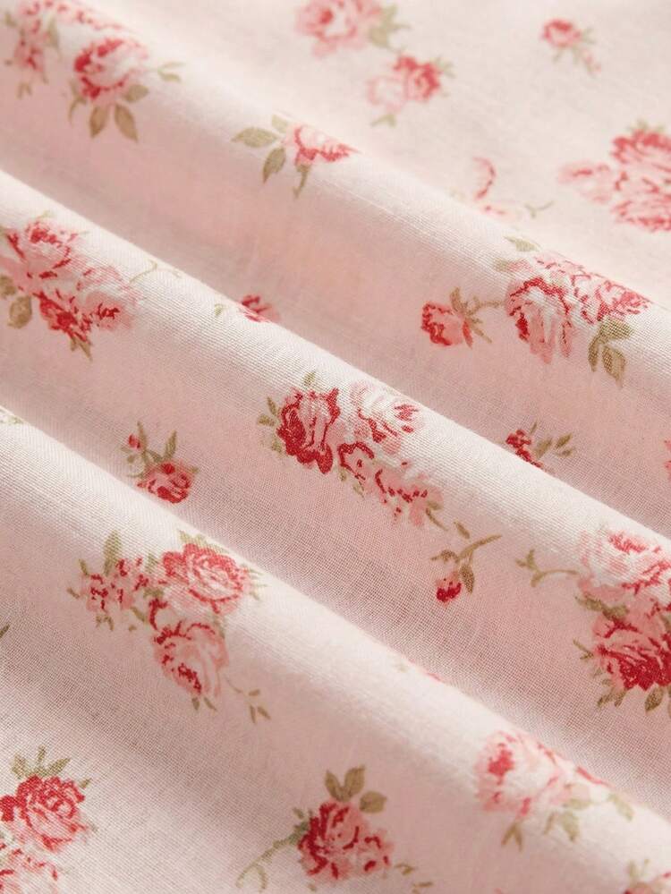 Rosa Blumen Wickelbluse mit kurzen Ärmeln und Taillengürtel, Frühling Sommer Französischer Stil Pariser Stil Business Lässig Bürooutfit