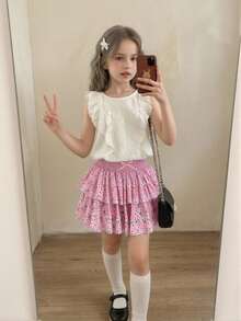 Váy ngắn xòe cạp cao, chun co giãn, họa tiết hoa nhí thanh lịch dành cho bé gái tuổi teen. - Hồng - Xem 7