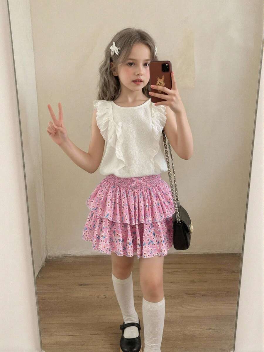 少女优雅碎花高腰弹力飘逸迷你裙 - 粉色 - 查看 1