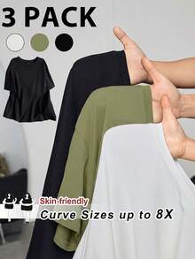 SHEIN CURVE+ 3pcs/Set Plus Size Summer Loose Fit Crew Neck Versatile Short Sleeve T-Shirts In White, Black And Gray,Curve Plus ,Hoho Vacation - Multicolor - View 4