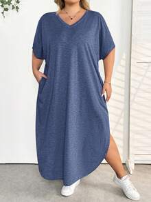 SHEIN CURVE+ 大码女装春夏新款时尚通勤休闲口袋设计分体睡袍 - 霧霾藍 - 查看 4