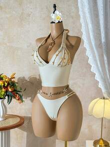 Bellisia Women's Tankini Island Beach Resort Elegant Handmade Beaded Rope Decor Sexy Casual Versatile Swimwear - Apricot - View 7