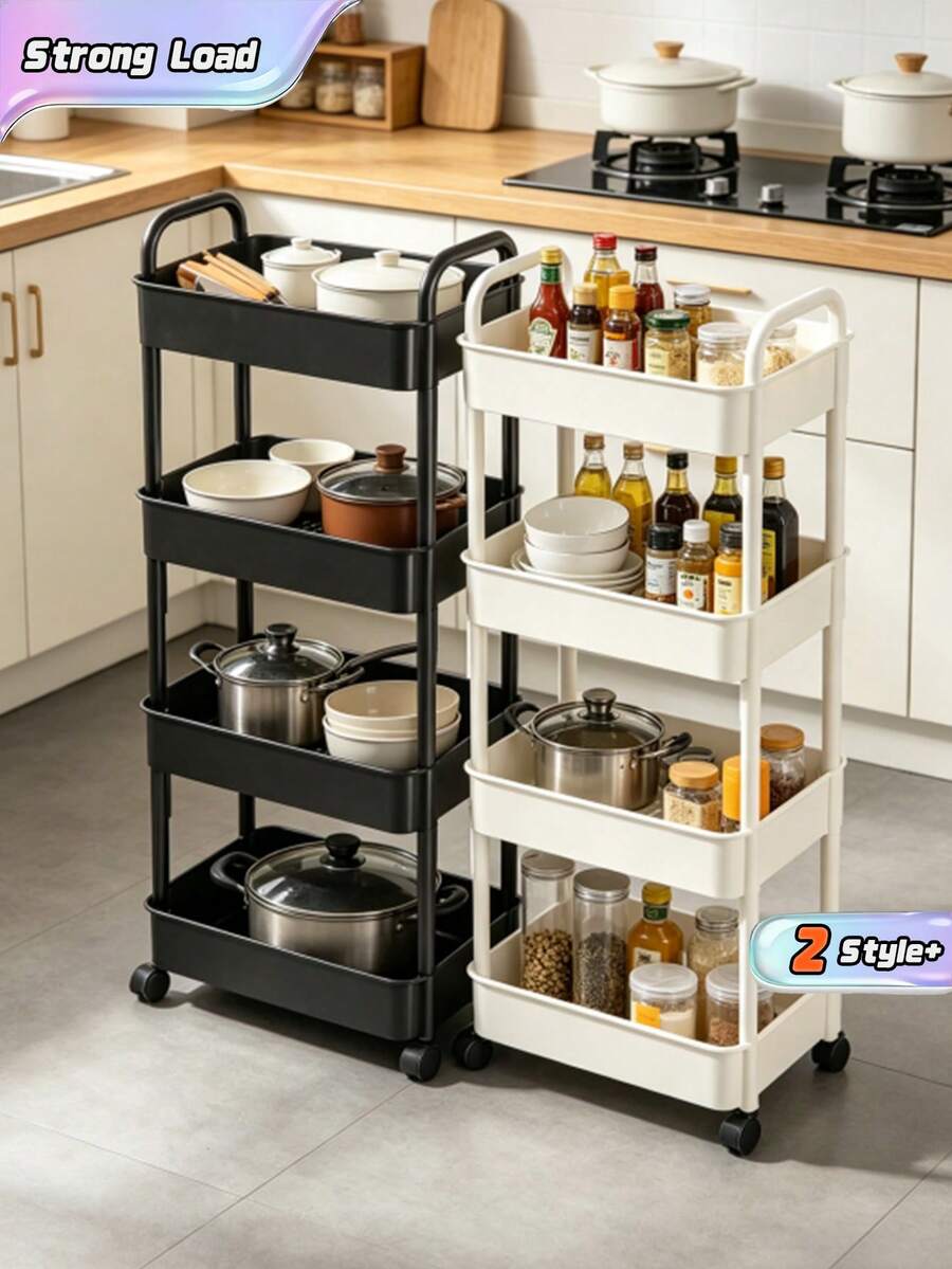 1Pc Multi-Functional Rolling Storage Cart, 4-Tier Wheeled Utility Shelf, Mobile Organizer Rack For Office Kitchen Bathroom Bedroom Home - Car Storage Rack/Black - View 1