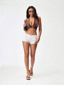 SHEIN PETITE Women's Sexy Bodycon Denim Shorts, Stretchy Bamboo Knit, Spring/Summer ,Petite Women - White - View 5