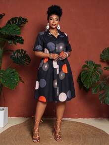Maweii Plus Size Women Circular Print Casual Pleated Bust Short Sleeve Open Front A-Line Dress - Multicolor - View 5