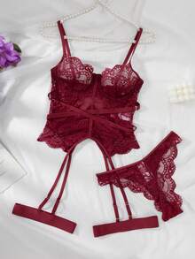 SHEIN Conjunto de lencería de 4 piezas con paneles de encaje sexy para salir - Burdeos - Ver 5