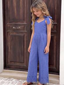 SHEIN Sparklyn Bộ áo liền quần không tay mềm mại, họa tiết hoa cho bé gái tuổi teen, kiểu dáng thường ngày, có nơ trang trí có thể tháo rời, ống quần thẳng, thích hợp cho mùa hè. - Màu xanh lam - Xem 3