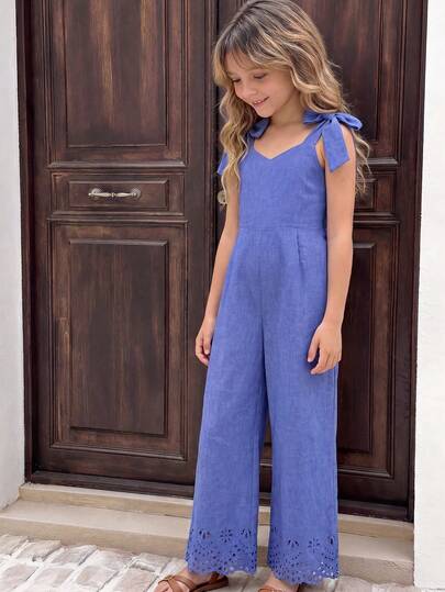 SHEIN Sparklyn 1件装少女软萌花朵装饰无袖连体裤，休闲度假连体衣，带可拆卸蝴蝶结装饰，夏季直筒连体裤