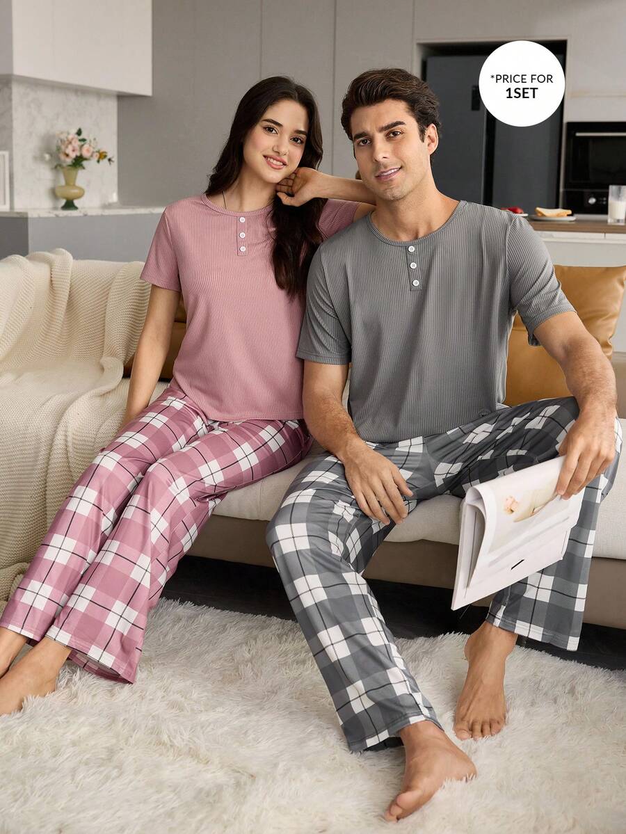 CoupledUp Conjunto de pijama para hombre con top de punto liso de manga corta y pantalones con estampado a cuadros - Gris - Ver 1