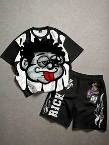 SHEIN 2件套男童休闲时尚卡通人物“Rich Soon”图案印花T恤上衣和钱包，火焰图案短裤，适合夏季、街头风、摇滚乐、优雅休闲等场合。 - 彩色 - 查看 2