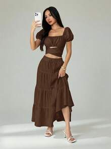 SHEIN PETITE 女士休闲度假多层蛋糕裙，百搭休闲优雅，适合春夏秋冬穿着，也适合度假和约会。 - 棕色 - 查看 7