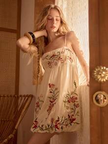 MOTF STUDIO ĐẦM NGẮN NỮ THÊU VẢI LINEN, DÂY ĐEO THÁO RỜI - Màu be - Xem 8