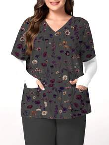 PopScrub Vintage Floral Print Dark Grey Plus Size Scrub Top, Fashionable V-Neck Short Sleeve With Pockets & Ear Loop Design, Spring/Summer Nurse Scrub Top - Multicolor - View 1