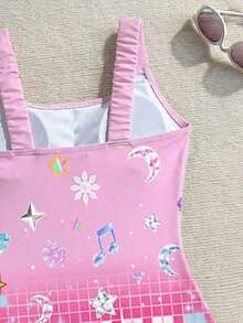 1件女童（加大码）彩色渐变星星和音符卡通女孩团体印花弹力宽肩带连体泳衣，适合沙滩、泳池、水上运动 - 彩色 - 查看 7