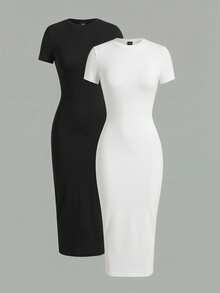 SHEIN EZwear 两件套休闲简约短袖圆领修身中长连衣裙，适合春夏穿着 - 彩色 - 查看 5