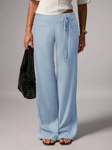 Avenya 条纹低腰阔腿及地长裤，双腰带装饰 - 藍色 - 查看 3