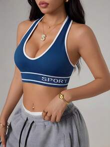 Dewbera Sujetador deportivo con recorte de estampado de letras para mujer - Azul Marino - Ver 4
