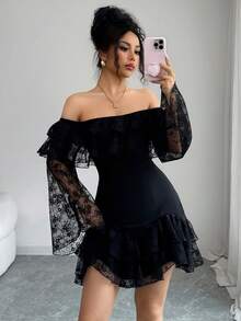 Elenzga Plus Size Women's Elegant Black Summer Tea Party Patchwork Chiffon Off-Shoulder Ruffle Hem Stretchy Long Flare Sleeve Mini Dress - Black - View 3