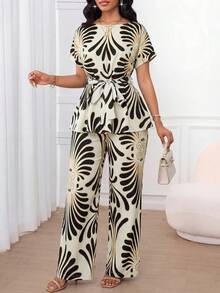 SHEIN Lady Bộ đồ nữ thanh lịch 2 mảnh: Áo cổ thuyền thắt eo và quần in họa tiết toàn thân. - Nhiều màu - Xem 5