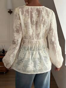 DAZY Blusa blanca de encaje de estilo casual de vacaciones para mujeres, primavera y verano - Blanco - Ver 2