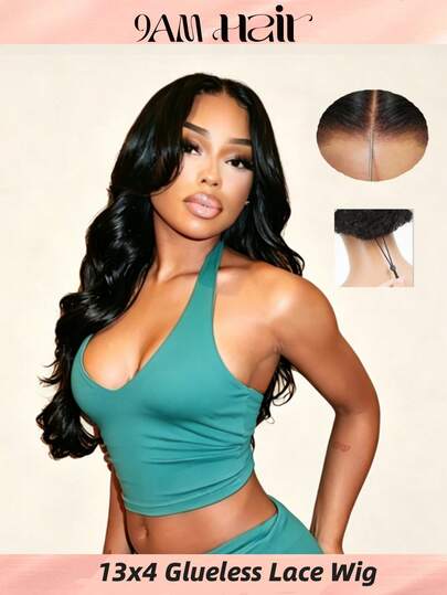 无胶水水波纹假发 13X4 最大蕾丝透明预剪蕾丝假发，带抽绳，预拔毛自然发际线，即戴即用蕾丝闭合水波纹假发，自然黑色真人发假发，适合女性日常使用