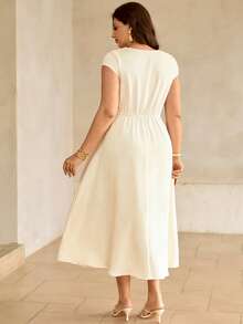 Roveilla Plus Size Women's White Summer 70's Elegant Party Formal Square Neck V-Neck Waist Gathered Flared Hem Short Sleeve Apricot Mid-Length Dress - Apricot - View 2
