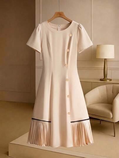 GlowEve CURVE Đầm dệt kim dáng suông mùa hè thanh lịch tay ngắn cổ tròn cài cúc kim loại khâu tay màu mơ dành cho nữ cỡ lớn.