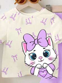 SHEIN Bộ đồ bé gái kiểu dáng thường ngày dễ thương in hình nơ và mèo hoạt hình, áo thun ngắn tay cổ tròn và quần ống loe, màu tím. - Nhiều màu - Xem 3