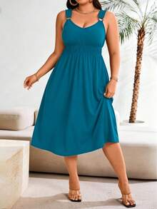 Ceyna Plus Size Solid Color Pleated Casual Summer Dress Maxi Women Outfit - Teal Blue - View 1