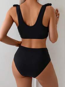 Swim Basics Bộ đồ bơi 2 mảnh áo crop top xếp ly dây nhún màu trơn thanh lịch dành cho nữ và quần tam giác nhún cạp cao, mùa hè - màu đen - Xem 2