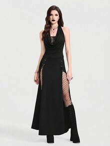 Breakform Damen Gothic Sexy drapierter Ausschnitt rückenfrei anliegendes Camisole, Damen drapierter Ausschnitt Camisole, Damen Spitze Patchwork Strickstoff drapierter Ausschnitt Camisole, Damen schwarzes drapiertes Ausschnitt Camisole - Schwarz - Übersicht 4