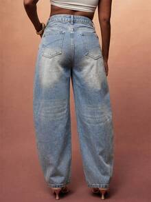 Quần jeans ống loe cạp lệch màu xanh nhạt - Rửa nhẹ - Xem 2