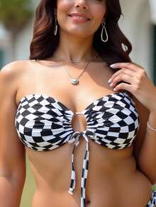 Swim Vcay 2026 New Spring/Summer Plus Size Swimwear Top, Contrast Color Checkerboard Print, Drawstring Bandeau Detachable Adjustable Strap, Sexy Beach Vacation Pool Wear - Black and White - View 3